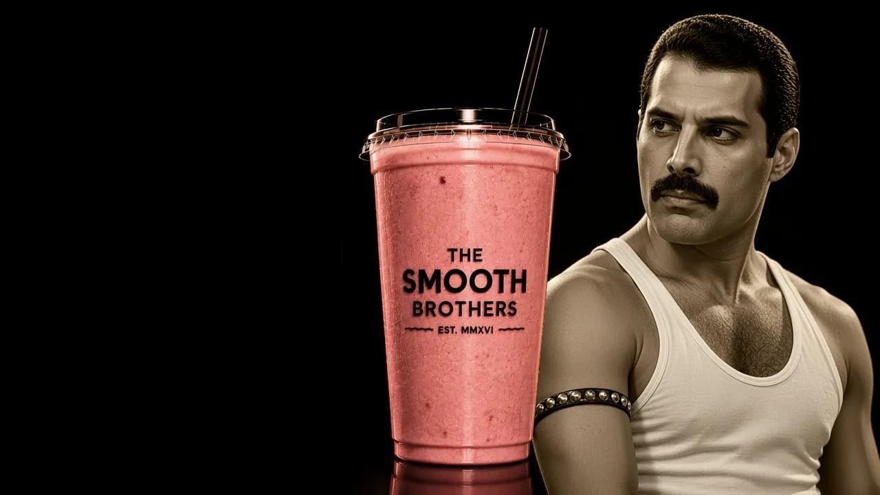 Queen strawberry smoothie in a branded The Smooth Brothers cup beside Freddie Mercury